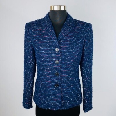 Lafayette 148 Blue Silver Threads Tweed Blazer Jacket Work Career Women's Size 2