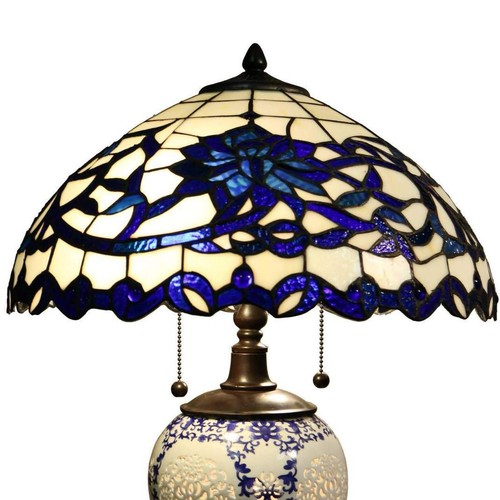 Tiffany Style Stained Glass Table Lamp 3-Light Blue White Floral Design 17x21in - Picture 4 of 6