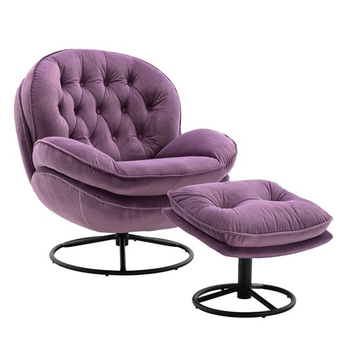 Velvet Swivel Accent Chair with Ottoman Set Armchair Sofa Lounge Chair Purple - Picture 5 of 12