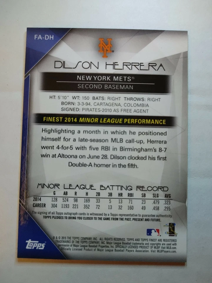 2015 Topps Finest New York Mets rookie Dilson Herrera Autograph - Image 2 of 2