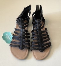 SO Girls Gladiator Braided Zip Up Memory Foam Sandals-Black, Size 2 NWT