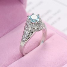 6 6mm Aquamarine Blue Band 925 Silver Women's Engagement Stylish Ring Size 6-10
