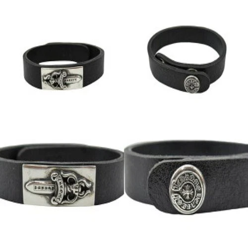 CHROME HEARTS Bracciale Imbracatura Cuori Cromati Larghi in Pelle SV925 Pelle Unisex Nero CROMATO