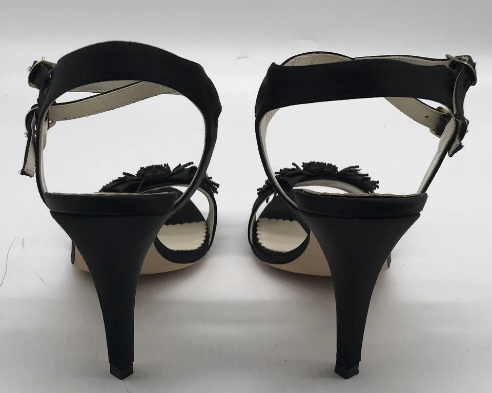 Oscar De La Renta Sandalia Satinada Negra Correa Tobillo Tacón con Lazo Cuentas Talla 36.5 Foto 4 de 4