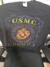 Bayside USMC Semper Fi Black T-Shirt Made in USA Double Stich Men XL