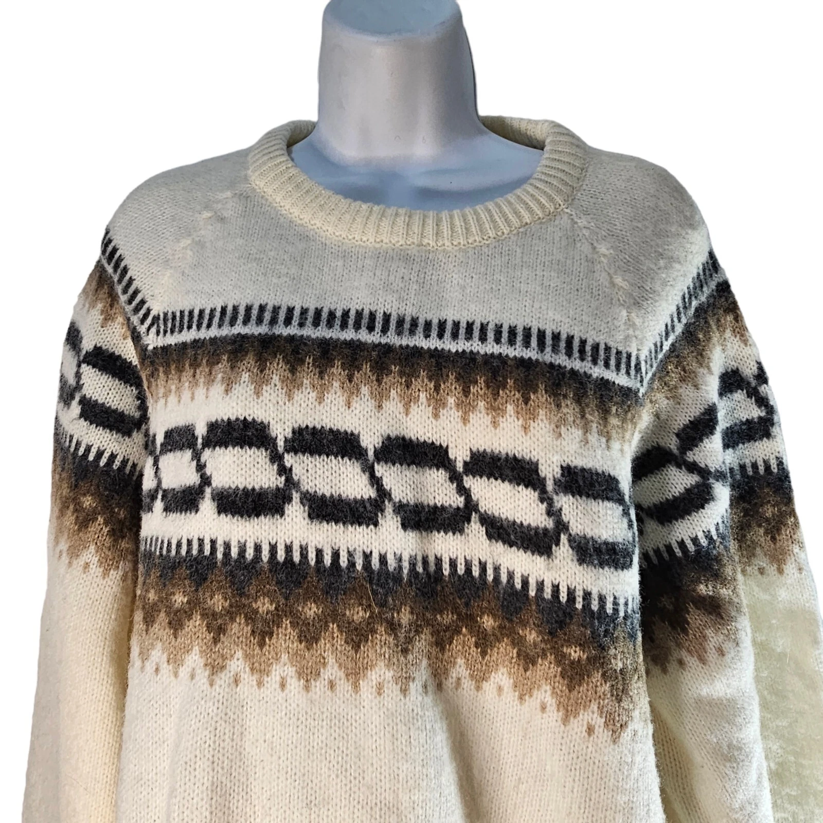 Vintage 80s Sweater Mens Size L Ivory Brown Winter Ski Thick Wool Fair Isle