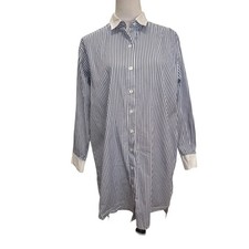 Spanx Shirt Dress Womens S Blue Striped Button Down Cotton Long Sleeve