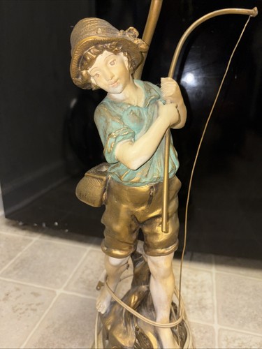 L F Moreau Boy with Fishing Pole - Fisherman Heavy Figural Spelter Lamp - Nice - Picture 3 of 9