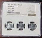 1943 PD S 1c Lincoln Steel Wheat Cent NGC MS 64 Three Coin Lot - Tri-Holder