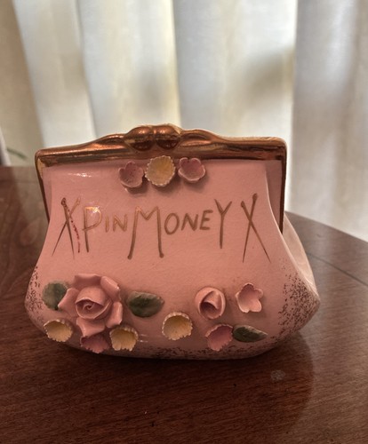 Vintage Lefton's PIN MONEY Purse Coin Bank 902568 Roses Leaves 5.5”x4” Japan