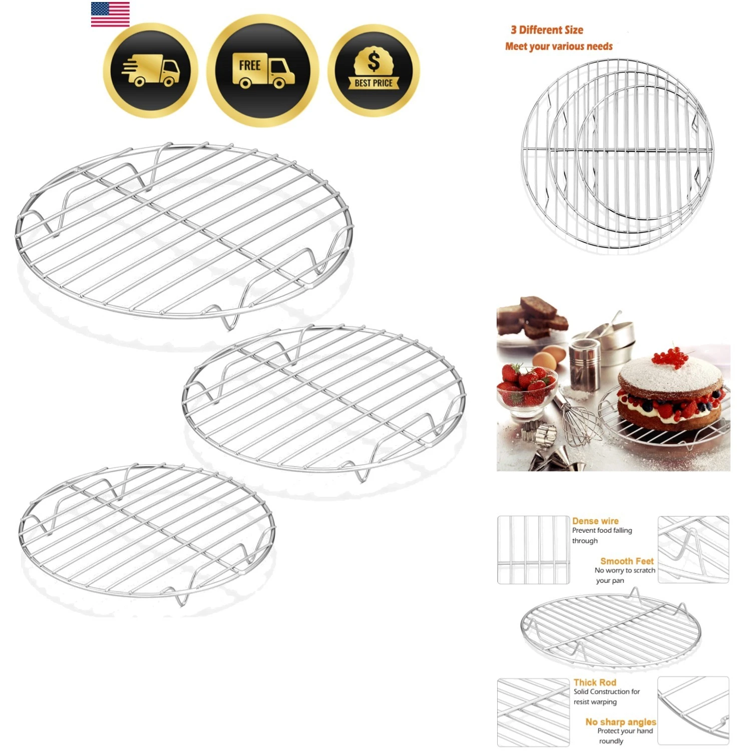 Stainless Steel Cooking Rack Set of 3 Baking Cooling Grilling Racks Oven Safe