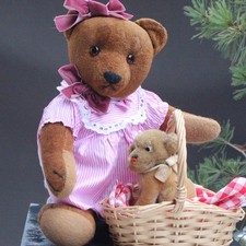 Antique teddy bear 1930s w doll dress Stiff Dog Bull doge & JUMEAU doll basket