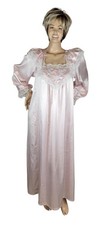 Vtg Gilligan O'Malley Pink Prairie Lace Maxi Satin Nightgown Cottagecore L/XL
