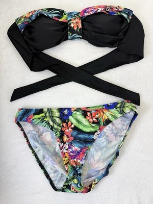 Venus Bandeau Bikini Set Small Size C Top 4 Bottom Black Floral Swimsuit Womens