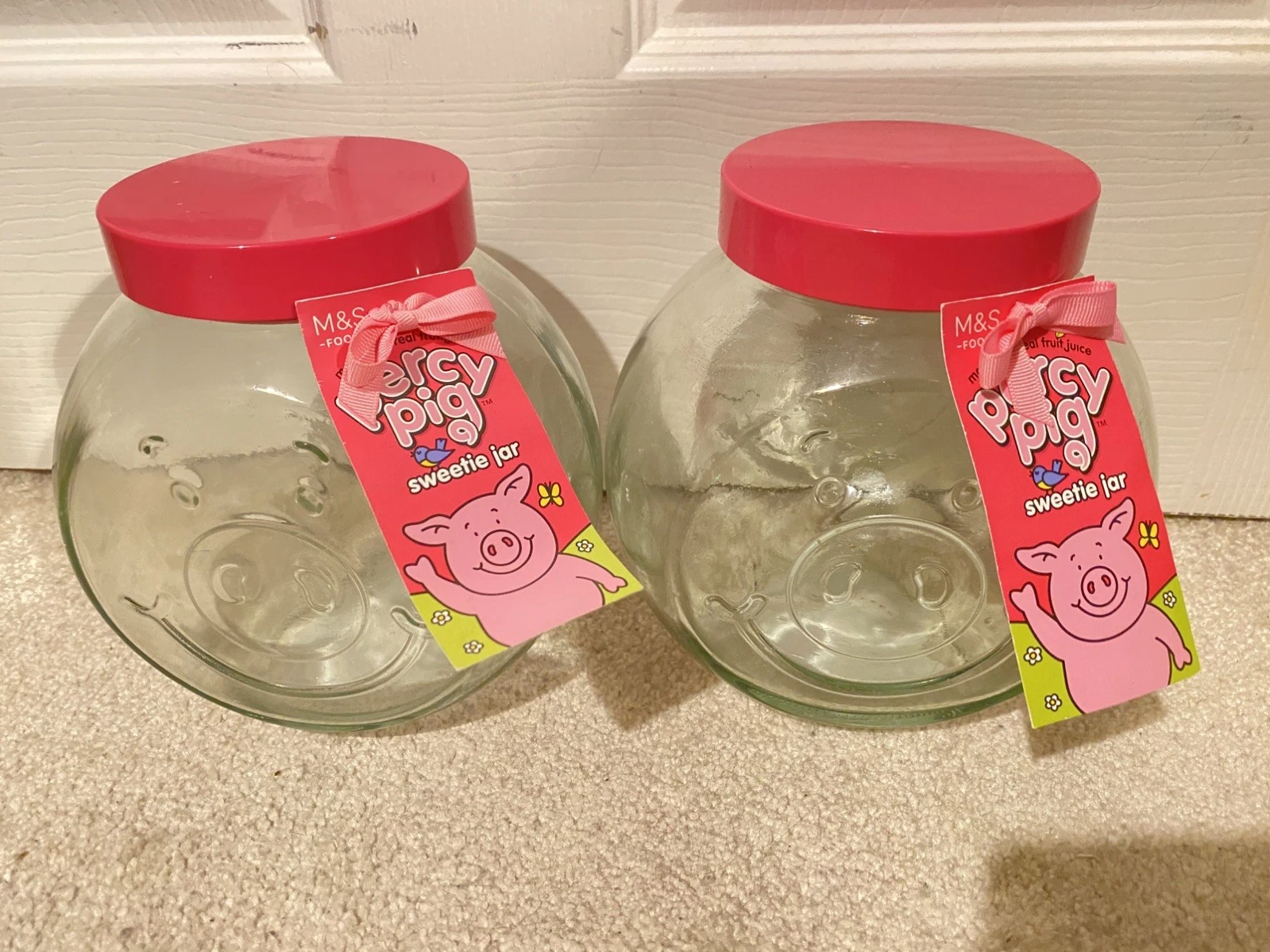 2x Glass PERCY PIG Sweetie Jar Storage Container 3D Face M&S Marks Spencer BNWT