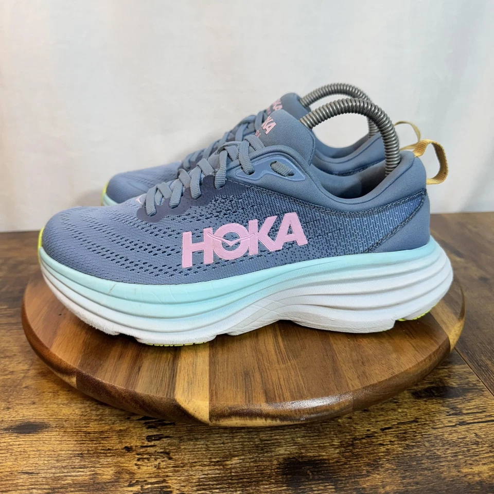 Hoka One One Bondi 8 Wide Shoes Womens Size 7.5 Blue Pink Running Sneakers - Image 3 of 4