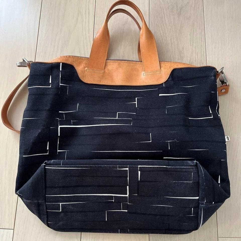 Auténtico Bolso de Mano Marimekko Negro Lona Cuero Marrón USADO #9086 Foto 2 de 4
