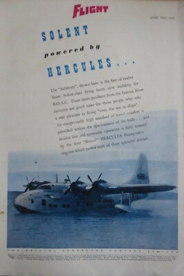 6/1947 PUB BRISTOL HERCULES ENGINE SHORT SOLENT SALISBURY BOAC FLYING BOAT AD