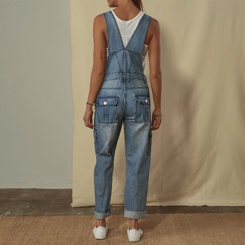 Jeans tuta vintage sciolta jumpsuit denim pantaloni tuta in denim con cinghie DE - Foto 5 di 9