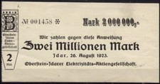 [10965] - NOTGELD IDAR, Oberstein-Idarer Elektrikäit-AG, 2 Mio Mk, 26.08.1923,