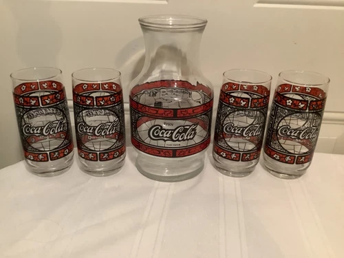 VTG Coca-Cola 16oz Stained Glass Drinking Glasses & Godfathers Carafe