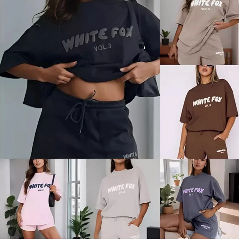 2 Piece White Foxs Womens Boutique T-Shirt Shorts Set Sweatshirt Sweatpants suit - image 2 of 4
