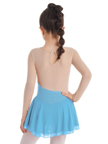 Girls Long Sleeve Glitter Rhinestone Mesh Splice Figure Ice Skating Dance Dress - Bild 57 von 79