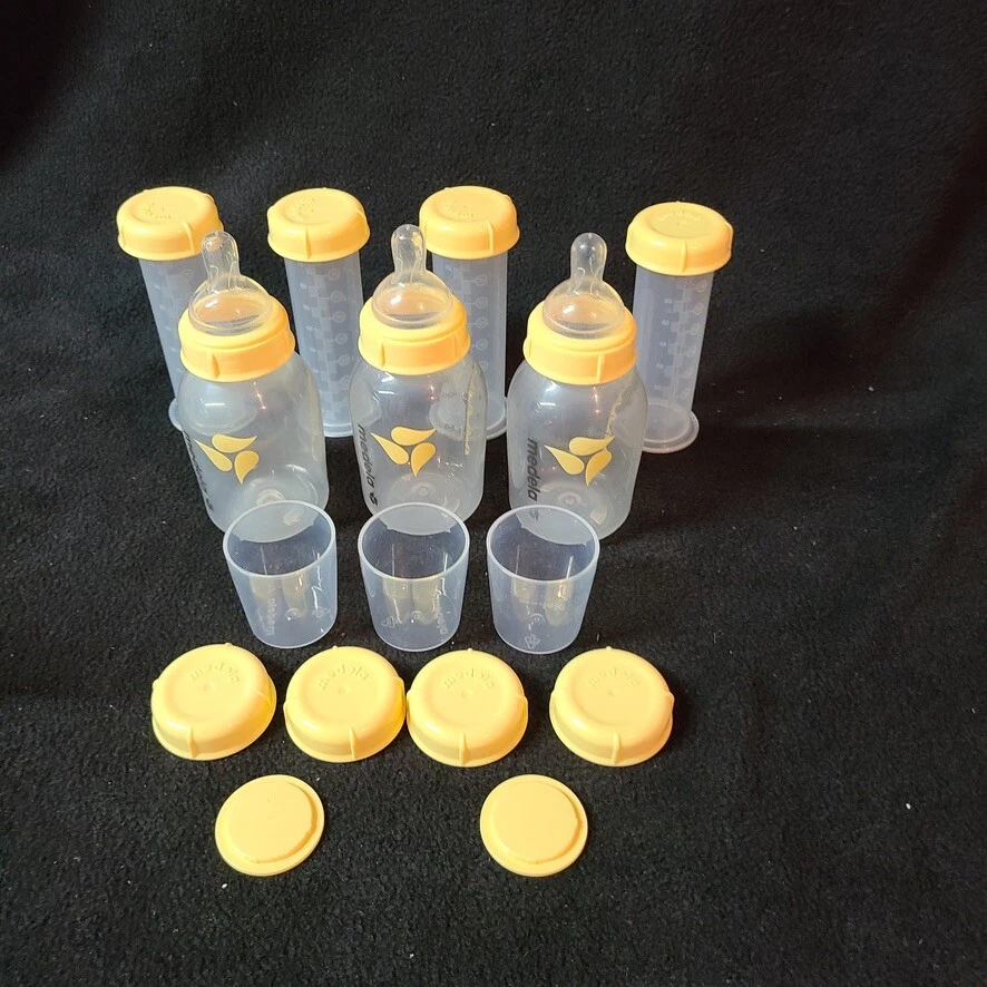 Medela Clear Bottles Nipples Breast Milk Storage Containers Yellow Lids Lot  16