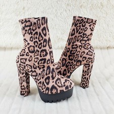 Skin Stretch Leopard Print Platform Ankle Boots Lug Sole Chunky Heels