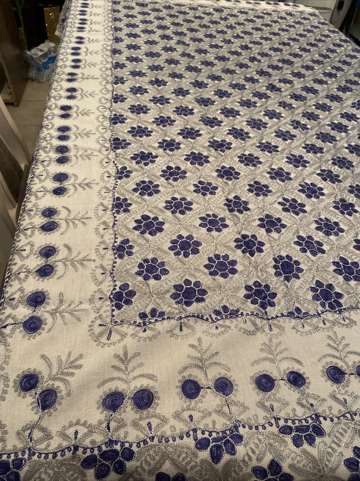 Authentic Aghabani Oriental Handmade Blue Silver Table Cloth Embroidered Linen - Image 3 of 4