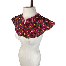 Vintage Fully Embroidered Beaded Colorful Collar Pink Cottage Retro