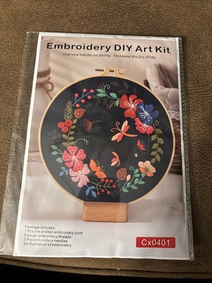Embroidery DIY Art Kit. CX0401. Ring Of Flowers And Dragonfly On Black FabricNIP