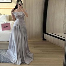 Draped Flattering Evening Dress Off the Shoulder Ruched Prom Gown Bead A Line