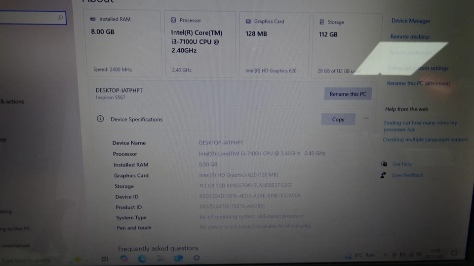 Dell Inspiron 15 5567 15.6" Laptop i3-7100U 2.40GHz 8GB RAM 120GB SSD - 2 - Image 3 of 4