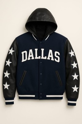 Men Hooded Bomber Varsity Jacket | Navy & Black Varsity Style with Stars