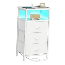 Nightstand with Charging Station,LED Nightstand with 3 Fabric White 3 Drawers