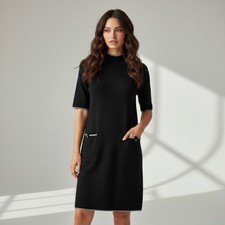 Maeve Black Silver Metallic Trim Mock Neck Short Sleeve Sweater Dress Size Small