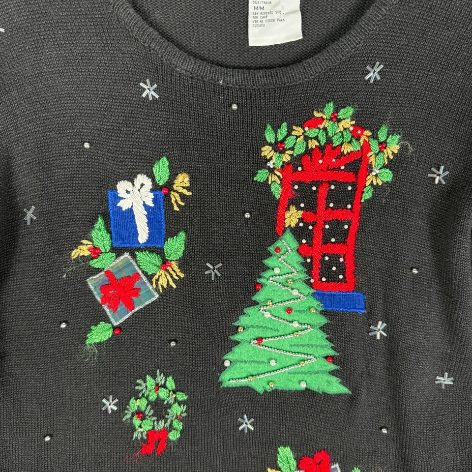 Suéter Tejido Navidad Vintage Años 90 Para Mujer Mediano Navidad Mañana Árbol Largo Foto 3 de 4