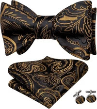 Hi-Tie Silk Self Tie Bow Ties for Men Adjustable Men's Bowtie Black Gold B 