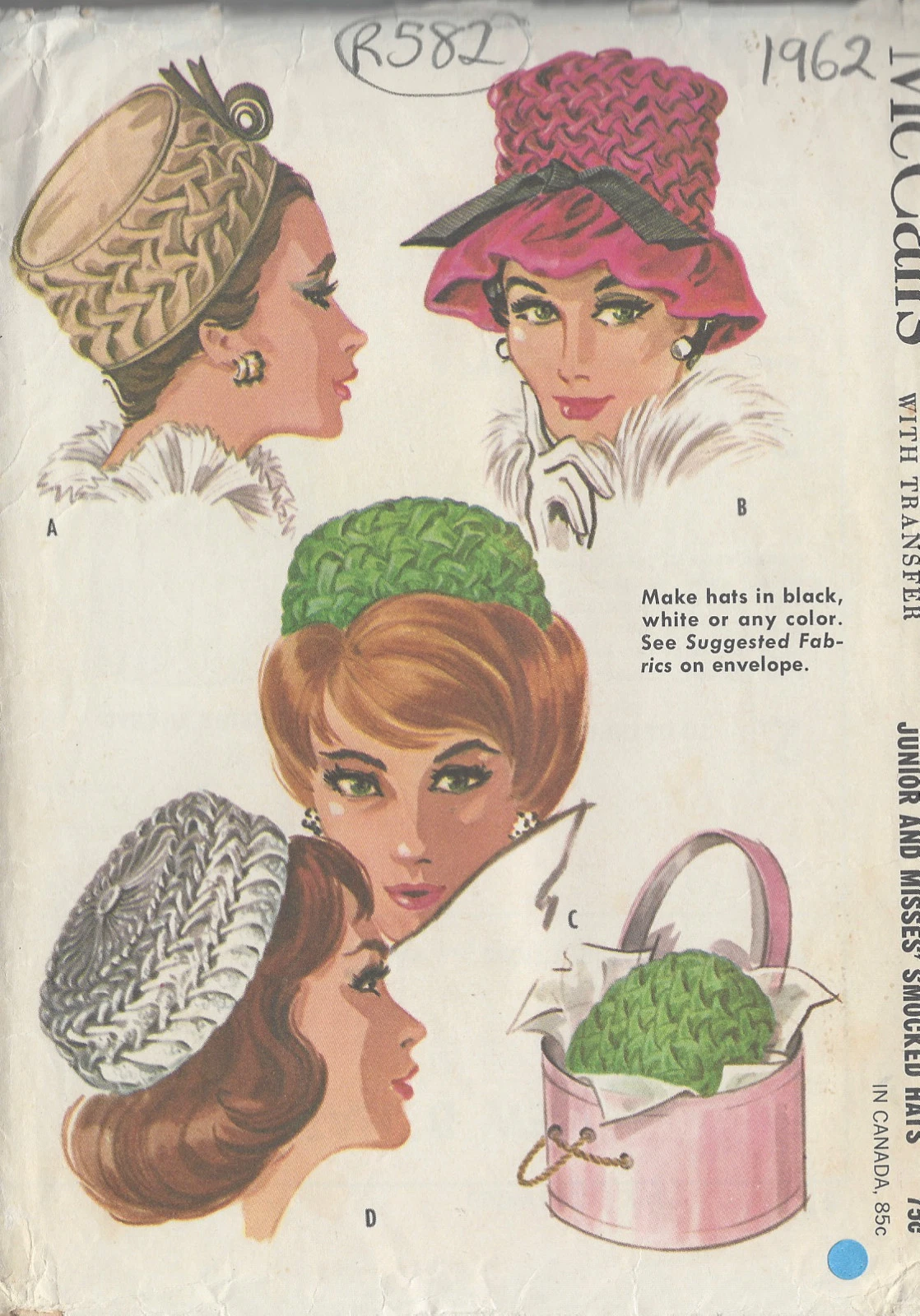1962 Vintage Sewing Pattern HAT Size: 21 1/2" - 22 1/2" inches (R582)