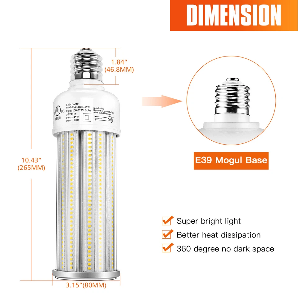LED Corn Light Bulb 45W Equivalent 175W MH HPS Home Street Parking Lot Lamp E39 - Image 2 of 4