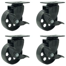 4 All Black Metal Swivel Plate Caster Wheels w/ Brake Heavy Duty (3.5" W/ brake)