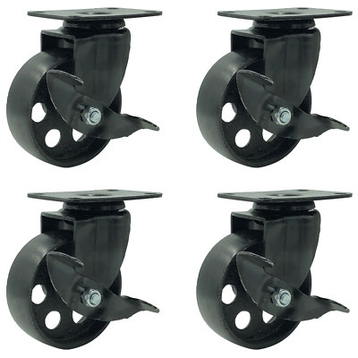 4 All Black Metal Swivel Plate Caster Wheels w/ Brake Heavy Duty (3.5'' W/ brake)