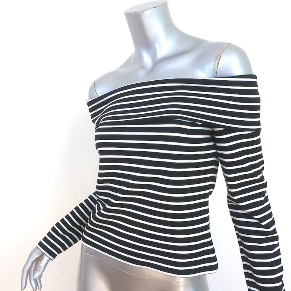 Camiseta deportiva Derek Lam 10 Crosby fuera del hombro negra/blanca a rayas talla mediana Foto 3 de 4