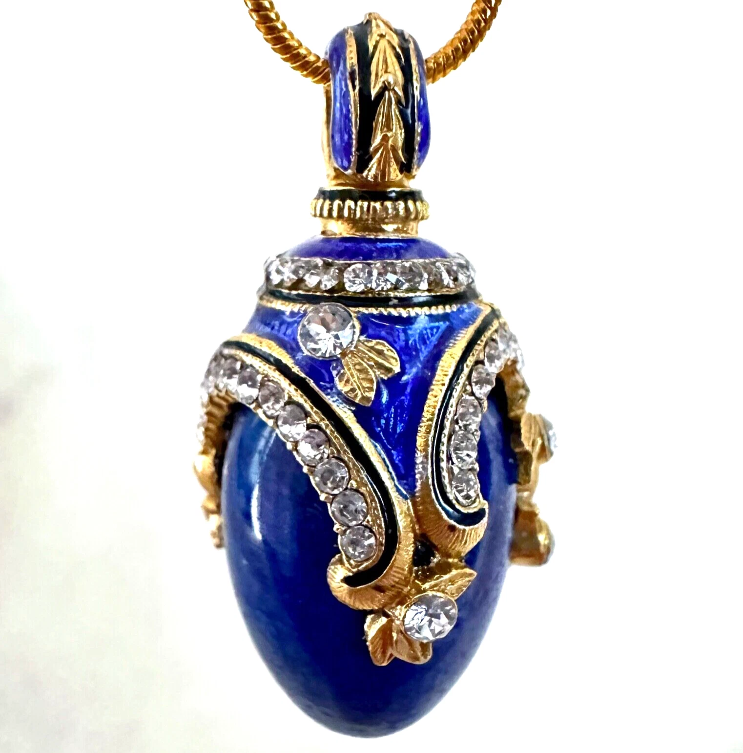 Sterling Blue Lapis Faberge Egg Pendant Swarovski Crystals Enamel G 24"Chain