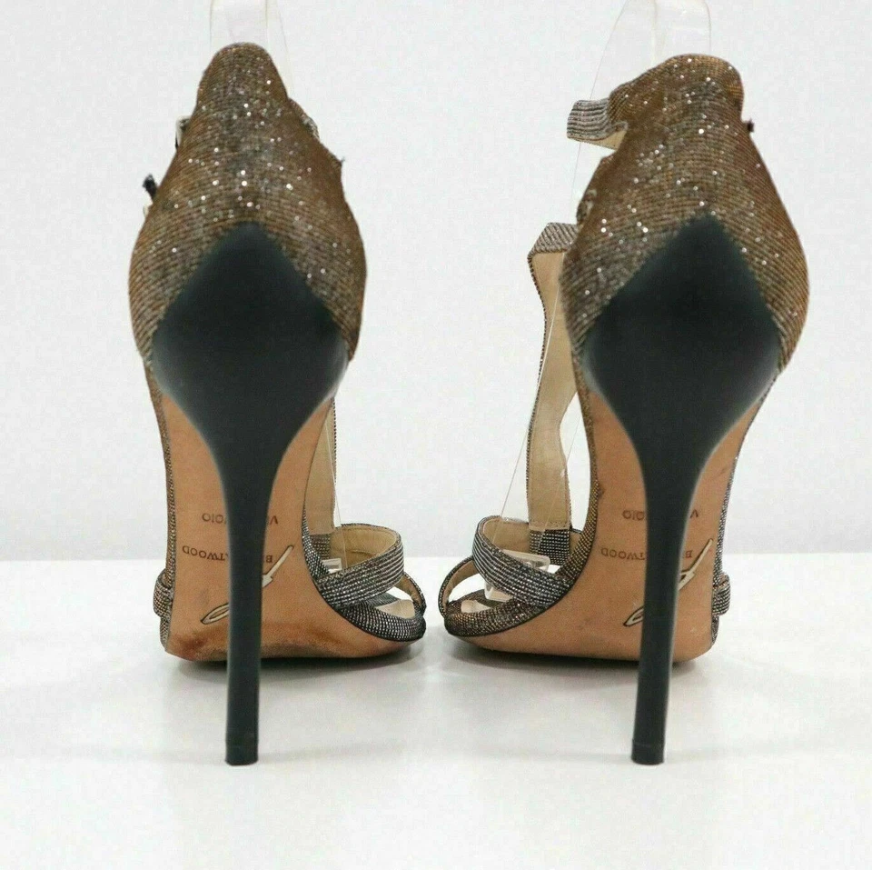 Sandalias Brian Atwood para mujer correa en T tacón alto 7,5/38 Laetitia brillo metálico Foto 2 de 4