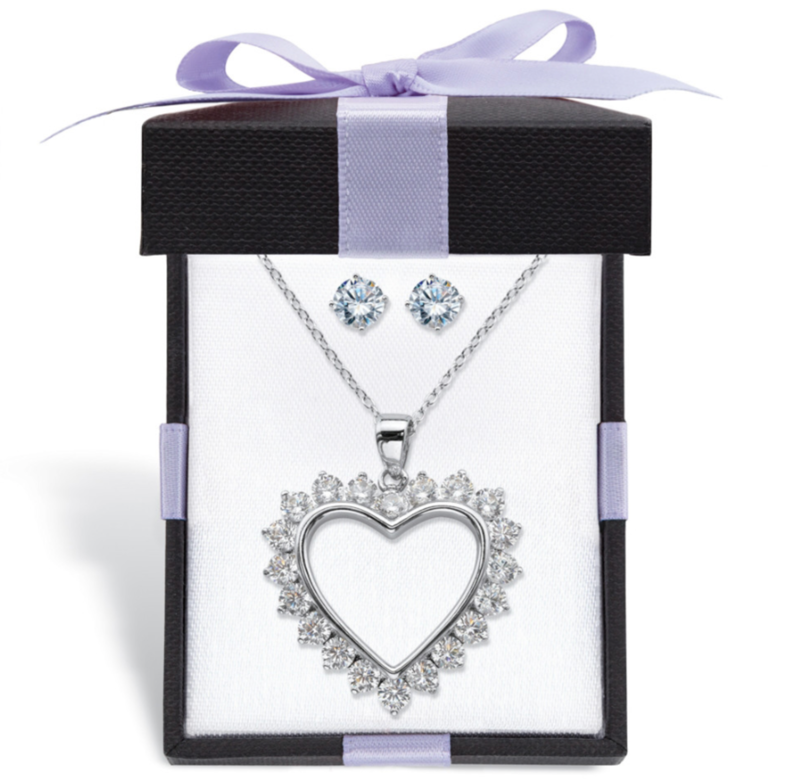 ROUND CZ STUD EARRINGS HEART SHAPED PENDANT NECKLACE STERLING SILVER