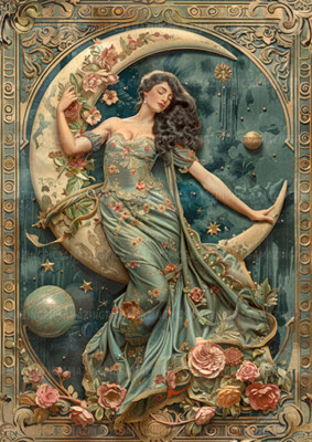 Selene Moon Goddess Art Print Romantic Fantasy Stars Floral Celestial Woman M63