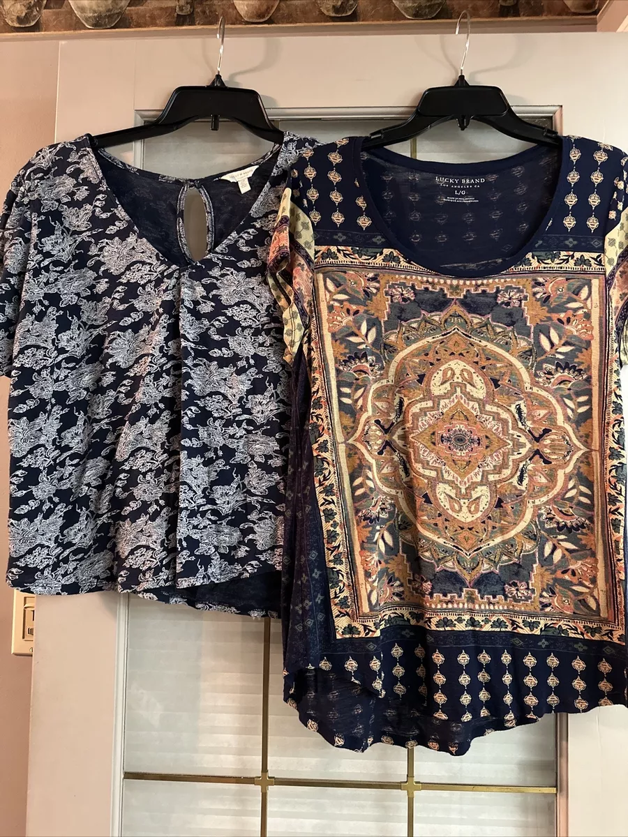 Lot Of 2 Lucky Brand Tops L Blue Boho Shirt Shirt Sleeve Hippie Floral  T-shirts