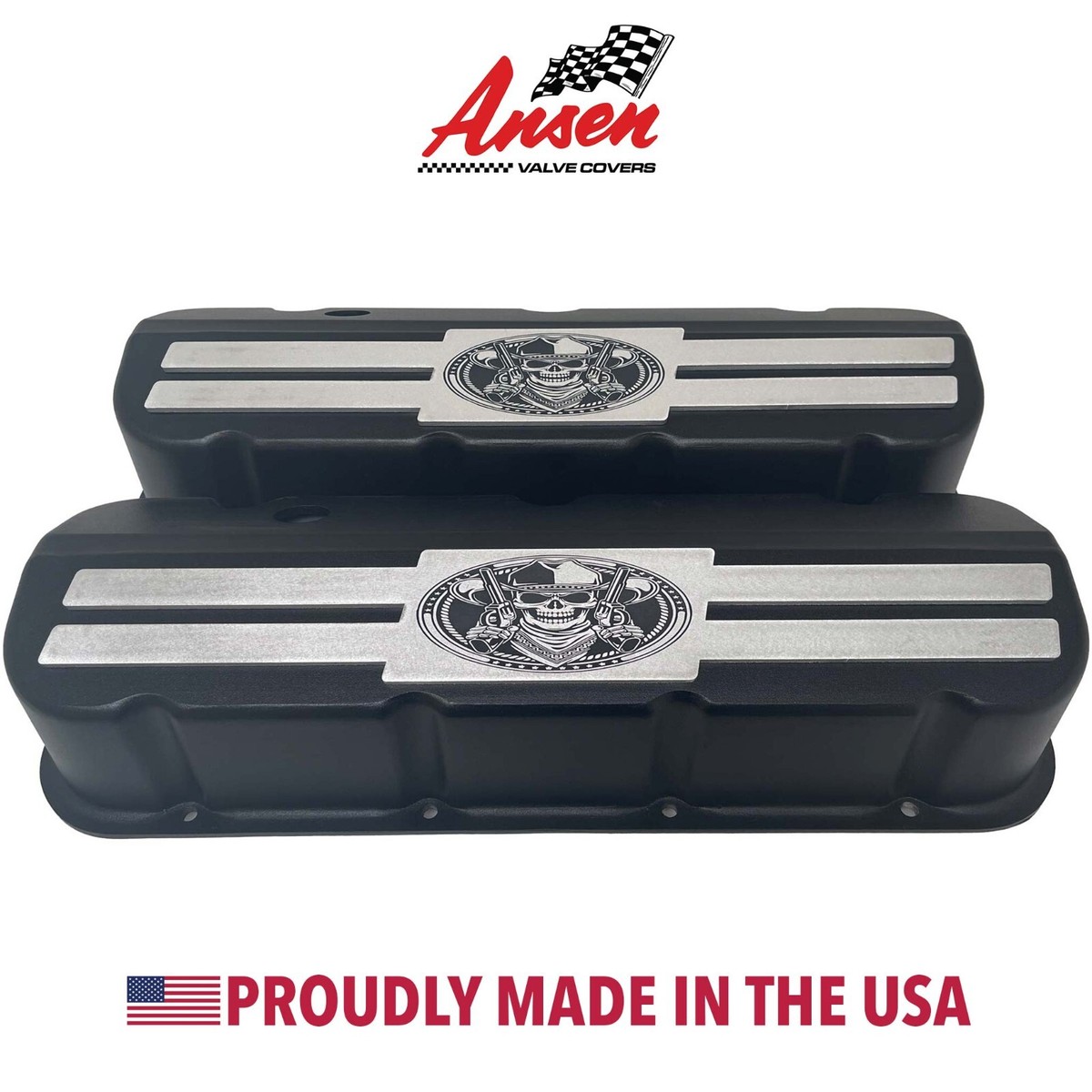 シボレー　アメ車　コンチネンタルキット　カバー Big Block Chevy Tall Black Valve Covers - Engraved Cowboy Skeleton